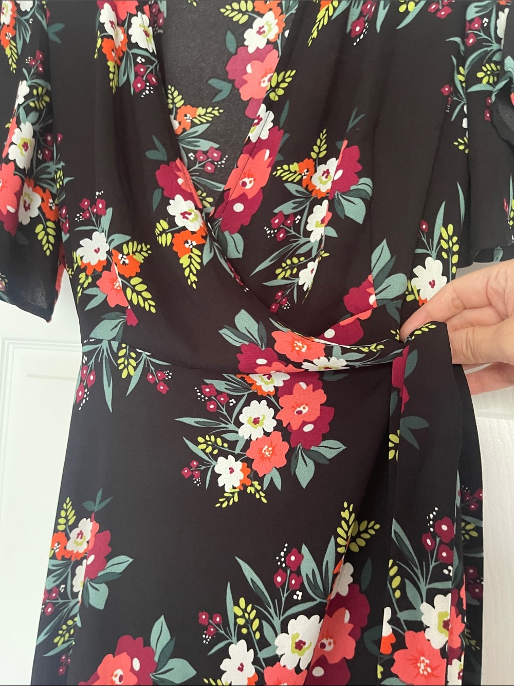 Forever 21 Black Floral Wrap Dress with Red, White & Green Accents